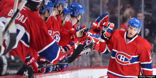 MONTREAL, CANADA - APRIL 15: Alex Galchenyuk #27 of the Montreal Canadiens celebrate a goal with teammates during the NHL game against the Philadelphia Flyers on April 15, 2013 at the Bell Centre in Montreal, Quebec, Canada. (Photo by Francois Lacasse/NHLI via Getty Images)