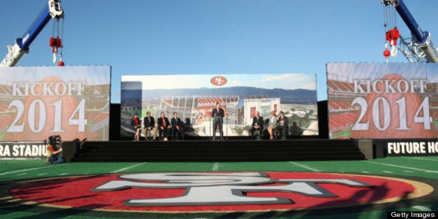 SATAN CLARA, CA - APRIL 19: President Jed York of the San Francisco 49ers addresses the crowd during the groundbreaking ceremony at the construction site for the San Francisco 49ers' NFL football stadium on April 19, 2012 in Santa Clara, California. (Photo by Michael Zagaris/San Francisco 49ers/Getty Images)