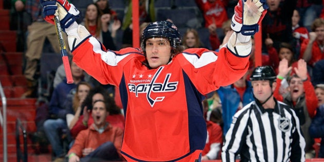 WASHINGTON, DC - MARCH 17: Alex Ovechkin #8 of the Washington Capitals celebrates after scoring in the first period against the Buffalo Sabres at the Verizon Center on March 17, 2013 in Washington, DC. (Photo by Greg Fiume/Getty Images)