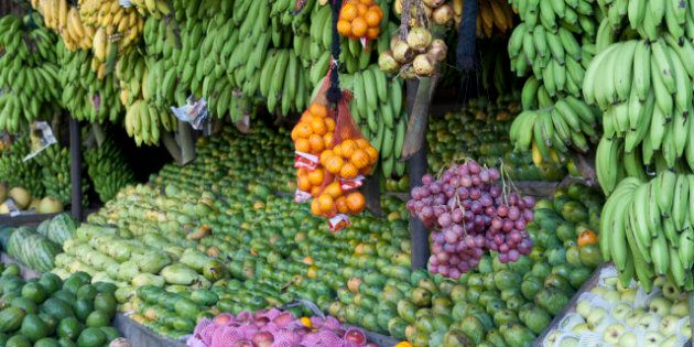 An impressive display of fresh tropical fruits at a roadside stand in Sri Lanka.