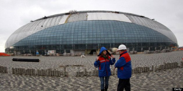 SOCHI, RUSSIA - FEBRUARY 10: A general view shows the construction site of the 'Bolshoi' Olympic ice dome on February 10, 2012 in Sochi, Russia. The design of the ice dome is based on an image of a frozen drop of water and will shine silver when completed in May 2012. The venue will be used as a multi-functional sports, concerts and entertainment arena after the Games. (Photo by Alexander Hassenstein/Bongarts/Getty Images)