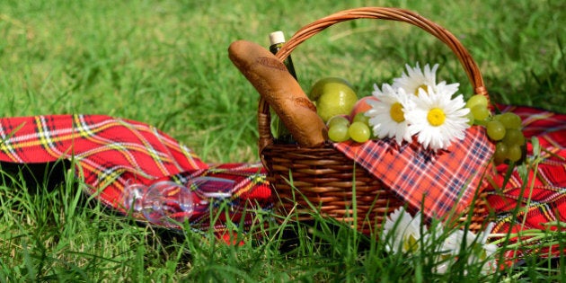 picnic basket with red