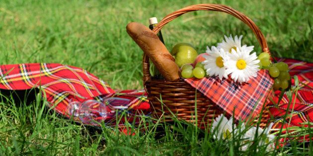 picnic basket with red napkin...