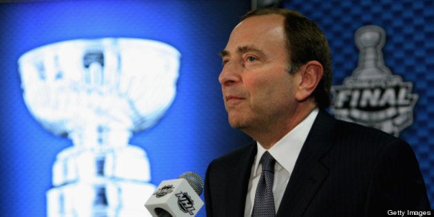 NEWARK, NJ - MAY 30: NHL Commissioner Gary Bettman addresses the media prior to Game One of the 2012 Stanley Cup Final between the Los Angeles Kings and the New Jersey Devils at the Prudential Center on May 30, 2012 in Newark, New Jersey. (Photo by Dave Sandford/NHLI via Getty Images)