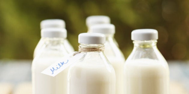 Milk bottles arranged in rows on a wooden table