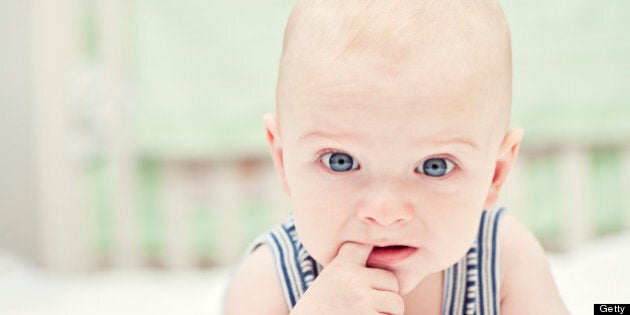 Portrait of cute baby boy lying on his belly on the bed and curiously looking at the camera while biting his finger and solves 'the problem' of primary teeth growth in teething period.