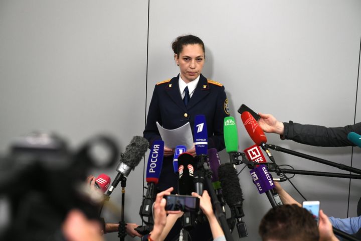 Yelena Markovskaya of the Russian Investigative Committee talks to journalists at Sheremetyevo Airport after an Aeroflot Sukhoi Superjet-100 (SSJ100) passenger aircraft made an emergency landing at around 6.40pm Moscow time.
