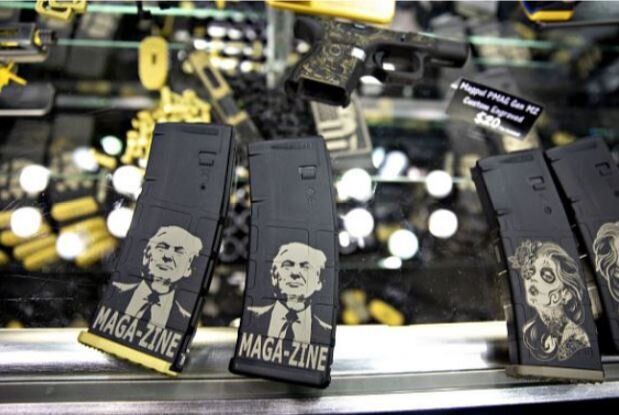 Inside The National Rifle Association Foundation Annual Meeting A firearm magazine featuring the image of U.S. President Donald Trump is displayed at the San Antonio Laser Engraving booth during the National Rifle Association (NRA) annual meeting of members in Indianapolis, Indiana, U.S., on Saturday, April 27, 2019. 