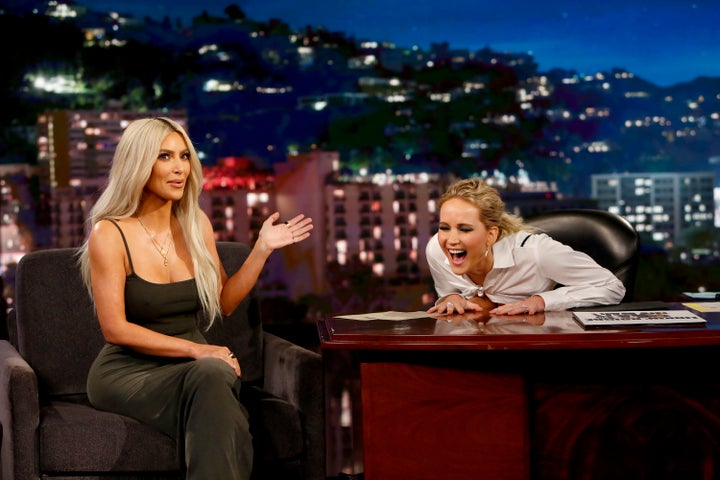 Jennifer Lawrence interviews Kim Kardashian while guest-hosting "Jimmy Kimmel Live" in 2017. 