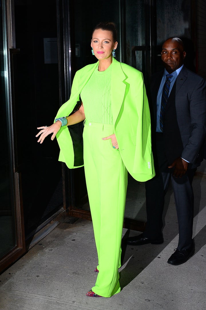 Blake Lively wears a neon suit out in New York on Aug. 17, 2018. 