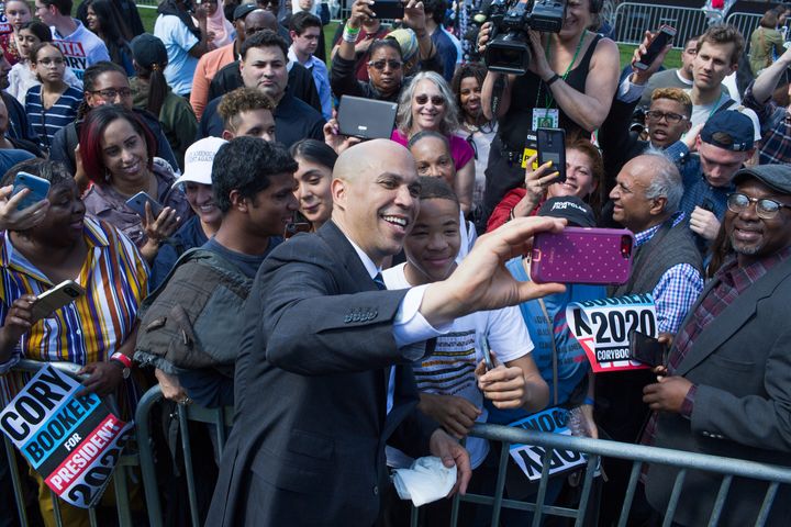 Sen. Cory Booker (D-N.J.) at his presidential campaign kickoff rally earlier this year in Newark, N.J. His support for public charter schools and other policies has put him at odds with teachers unions.