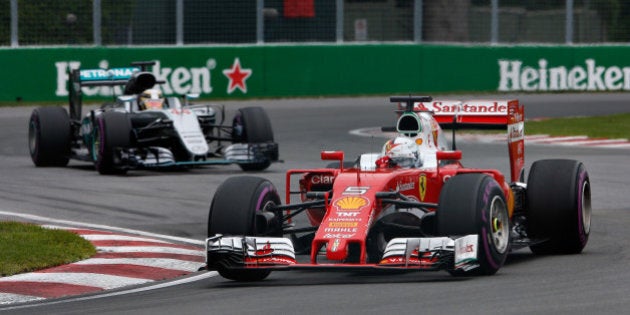 MONTREAL, QC - JUNE 12: Sebastian Vettel of Germany driving the (5) Scuderia Ferrari SF16-H Ferrari 059/5 turbo (Shell GP) on track during the Canadian Formula One Grand Prix at Circuit Gilles Villeneuve on June 12, 2016 in Montreal, Canada. (Photo by Charles Coates/Getty Images)