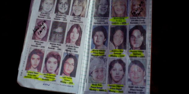 VANCOUVER, BRITISH COLUMBIA - APRIL 20: A private detective's notebook on women who have gone missing along Canada's Route 16 shows some of the murder investiagtions of indegenous women on April 20, 2016 in Vancouver, British Columbia. Canada's Route 16, which connects Prince George with Prince Rupert and runs for 450 miles through the province of British Columbia, has been given the nickname of the Highway of Tears. Along this east to west road, it is estimated that as many as forty First Nations women and girls have been murdered or disappeared. Across Canada, it is estimated that between 1980 and 2014, as many as 1,200 native women and girls were murdered or vanished.(Photo by Andrew Lichtenstein/ Corbis via Getty Images)