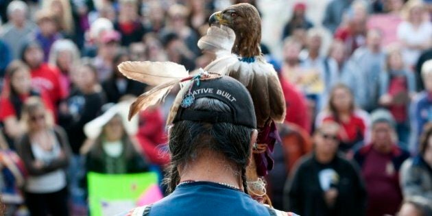 Robert Cross Crocked Eyes of the Lakota Nation addresses indigenous rights activists gathered at the Colorado State Capital during the Native Nations March in Denver, Colorado on March 10, 2017.Native tribes from around the US gathered for four days of protest against the administration of US President Donald Trump and the Dakota Access oil pipeline. In the first week of his presidency, Donald Trump signed executive orders to revive the Dakota Access project, along with a second pipeline put on hold by the Obama administration, Keystone XL. / AFP PHOTO / Jason Connolly (Photo credit should read JASON CONNOLLY/AFP/Getty Images)