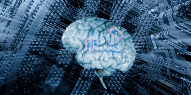 Human brain against a mother-board, artificial-intelligence.