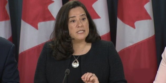 MONTREAL, CANADA - APRIL 13 : The Canadian government members including Minister of Justice Jody Wilson-Raybould, Minister of National Revenue Diane Lebouthiller (not seen), Minister of Public Safety Ralph Goodale (not seen), Minister of Health Jane Philpott (not seen) and Parliamentary Secretary Bill Blair (not seen) hold a press conference that announcing a new legislation about legalizing marijuana in Montreal, Canada on April 13, 2017. (Photo by Seyit Aydogan/Anadolu Agency/Getty Images)