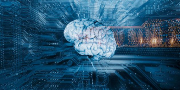 human brain on a computers circuit-board, artificial intelligence and communication