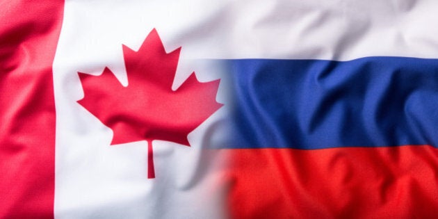 Mixed flag of Russia and Canada.Russia flag and Canada flag.