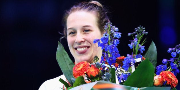 ROTTERDAM, NETHERLANDS - MARCH 12: Marianne St-Gelais of Canada with the silver medal celebrate on the podium after the Ladies 1000m finals race during day two of ISU World Short Track Championships at Rotterdam Ahoy Arena on March 12, 2017 in Rotterdam, Netherlands. (Photo by Dean Mouhtaropoulos/Getty Images)