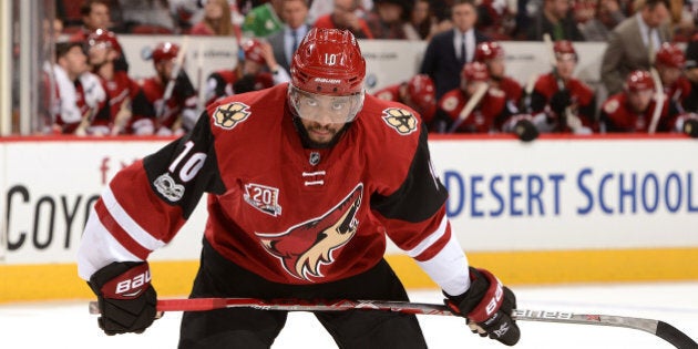 GLENDALE, AZ - MARCH 05: Anthony Duclair #10 of the Arizona Coyotes gets ready during a face off against the Carolina Hurricanes at Gila River Arena on March 5, 2017 in Glendale, Arizona. (Photo by Norm Hall/NHLI via Getty Images)