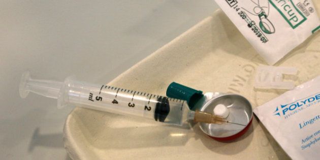 A tray with material for injections is seen at the SCMR (Drug supervised injection site), the first supervised injection room for drug users, in Paris, France, October 11, 2016. The new centre, located in a street adjoining Paris's Gare du Nord train station, will allow addicts to inject with clean syringes and under supervision in order to curb overdose deaths and transmission of diseases spread by needle-sharing. REUTERS/Jacky Naegelen