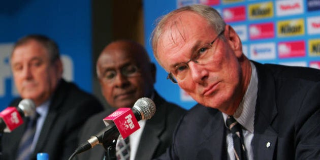 Melbourne, AUSTRALIA: Cornel Marculescu, (L) executive director of FINA, Sam Ramsamy (C) vice president and spokesperson at FINA events and Andrew Pipe (R) FINA doping control review board, attend a press conference regarding a doping test conducted on Ian Thorpe last year which revealed 'abnormal levels' of two banned substances, 31 March 2007 at the 12th FINA World Swimming Championships in Melbourne. FINA confirmed it has lodged an appeal with the Court of Arbitration for Sport on a doping test conducted on Ian Thorpe last year which revealed 'abnormal levels' of two banned substances. AFP PHOTO / FRANCOIS-XAVIER MARIT (Photo credit should read FRANCOIS-XAVIER MARIT/AFP/Getty Images)