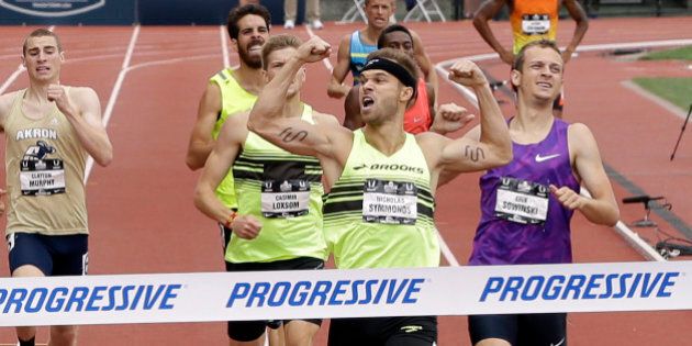 FILE - In this June 28, 2015, file photo, Nick Symmonds wins the 800 meter event at the U.S. Track and Field Championships in Eugene, Ore. Symmonds is boycotting world championships that begin Saturday, Aug. 22, 2015, in protest of what he said is an unfair contract that forced him to wear Nike gear at all team functions. (AP Photo/Don Ryan, File)