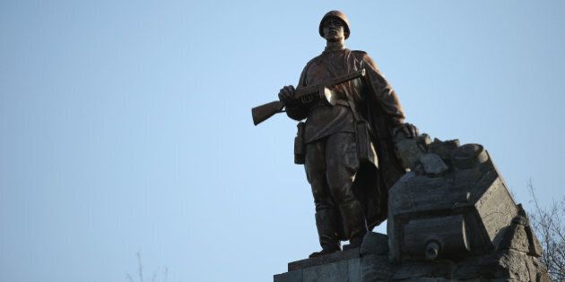SEELOW, GERMANY - APRIL 15: Agiant, bronze statue of a Soviet Red Army soldier stands at the Seelower Hoehen (Seelow Heights) Soviet war cemetery and memorial east of Berlin on April 15, 2015 in Seelow, Germany. Cemeteries for German and Soviet Red Army soldiers lie scattered across the region between Berlin and Poland, where 70 years before the final, ferocious battles took place as the Red Army advanced on Berlin in March and April of 1945. Historians estimate that up to 200,000 soldiers, militia fighters, civilians and medical personnel perished in the battles, which include the Battle for Seelow Heights (Seelower Hoehen) and the Battle of Halbe. Europe, Russia and the former Allied powers will commemorate the 70th anniversary of the end of World War II and the victory over Nazi Germany on May 8-9. (Photo by Sean Gallup/Getty Images)