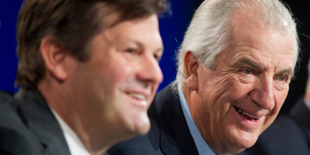 Laurent Beaudoin (R), chairman of the board, of Bombardier Inc., and Chief Executive Pierre Beaudoin smile prior to the company's annual general meeting in Montreal, June 1, 2011. Bombardier Inc reported a stronger-than-expected rise in quarterly profit on Wednesday and announced a long-awaited order for its new C-Series commercial jetliner, propelling its stock higher. REUTERS/Christinne Muschi (CANADA - Tags: TRANSPORT POLITICS BUSINESS)