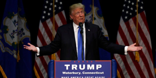 Republican presidential candidate Donald Trump during a campaign event at Crosby High School in Waterbury, Conn., Saturday, April 23, 2016. (AP Photo/Charles Krupa)