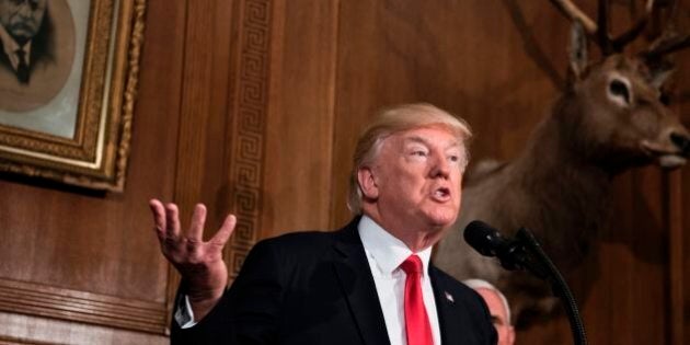 US President Donald Trump speaks before signing an executive order to review the Antiquities Act at the US Department of the Interior April 26, 2017 in Washington, DC. / AFP PHOTO / Brendan Smialowski (Photo credit should read BRENDAN SMIALOWSKI/AFP/Getty Images)