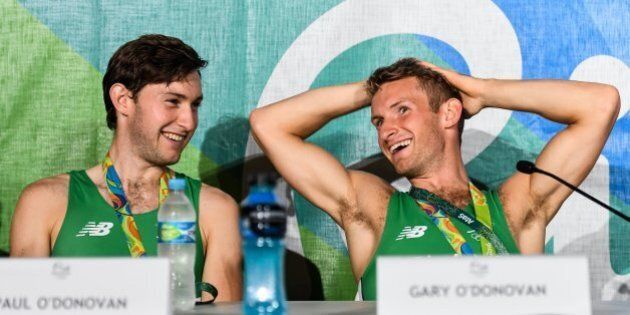 Rio , Brazil - 12 August 2016; Paul O'Donovan, left, and Gary O'Donovan of Ireland during a press conference after the Men's Lightweight Double Sculls A final in Lagoa Stadium, Copacabana, during the 2016 Rio Summer Olympic Games in Rio de Janeiro, Brazil. (Photo By Brendan Moran/Sportsfile via Getty Images)