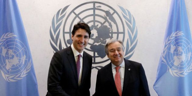 Canadian Prime Minister Justin Trudeau shakes hands with United Nations Secretary-General Antonio Guterres during a photo opportunity at U.N. Headquarters in the Manhattan borough of New York, U.S. April 6, 2017. REUTERS/Lucas Jackson