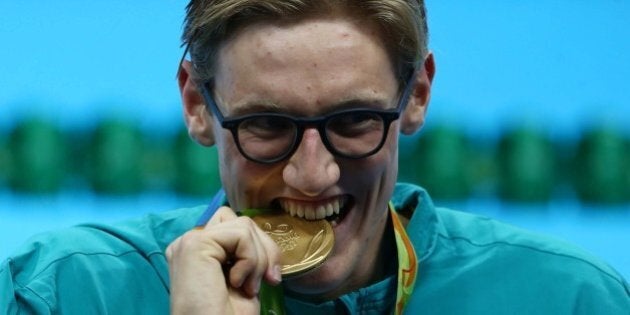 2016 Rio Olympics - Swimming - Victory Ceremony - Men's 400m Freestyle Victory Ceremony - Olympic Aquatics Stadium - Rio de Janeiro, Brazil - 06/08/2016. Mack Horton (AUS) of Australia poses with his gold medal. REUTERS/Marcos Brindicci FOR EDITORIAL USE ONLY. NOT FOR SALE FOR MARKETING OR ADVERTISING CAMPAIGNS.