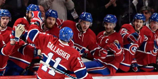 Mar 28, 2017; Montreal, Quebec, CAN; Montreal Canadiens forward Brendan Gallagher (11) reacts with teammates after scoring a goal against the Dallas Stars during the third period at the Bell Centre. Mandatory Credit: Eric Bolte-USA TODAY Sports