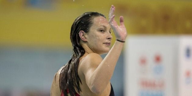 TORONTO, ON - APRIL 7 - Penny Oleksiak waves to supports after competing in the Women 200 Metre Freestyle final at the 2016 Canadian Olympic & Para Swimming Trials at the Pan Am Sports Centre. Oleksiak came in second and qualified for the Rio Olympics. (Bernard Weil/Toronto Star via Getty Images)