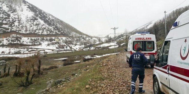TUNCELI, TURKEY - APRIL 18: Ambulances are seen on their way as part of search and rescue in the Tunceli region of Turkey after contact was lost with a police helicopter on April 18, 2017. (Photo by Haydar Toprakci/Anadolu Agency/Getty Images)