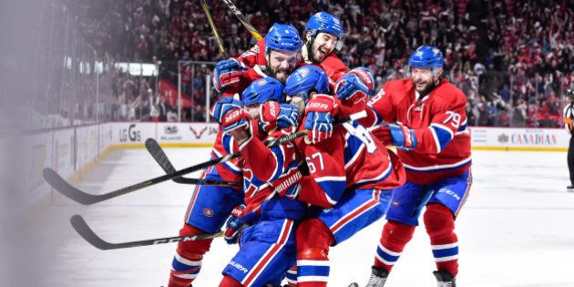 MONTREAL, QC - APRIL 14: Alexander Radulov #47 of the Montreal Canadiens celebrates his overtime goal with teammates against the New York Rangers in Game Two of the Eastern Conference First Round during the 2017 NHL Stanley Cup Playoffs at the Bell Centre on April 14, 2017 in Montreal, Quebec, Canada. The Montreal Canadiens defeated the New York Rangers 4-3 in overtime. (Photo by Minas Panagiotakis/Getty Images)