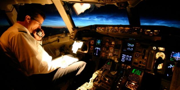 Captain flying a Boeing 767 over the North Atlantic just before dawn.