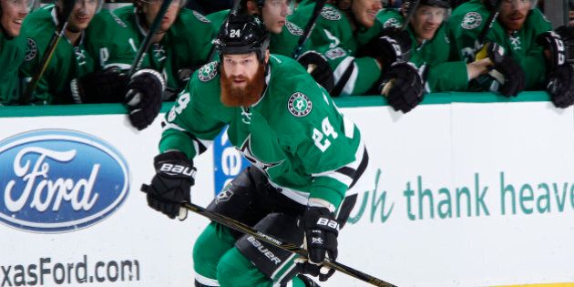 DALLAS, TX - FEBRUARY 24: Jordie Benn #24 of the Dallas Stars handles the puck against the Arizona Coyotes at the American Airlines Center on February 24, 2017 in Dallas, Texas. (Photo by Glenn James/NHLI via Getty Images)
