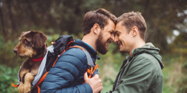 Gay couple is having fun in the woods with their dog. Carrying a dog in a backpack on his back. They are happy and joyful. Enjoying a beautiful autumn day in the mountain forest.