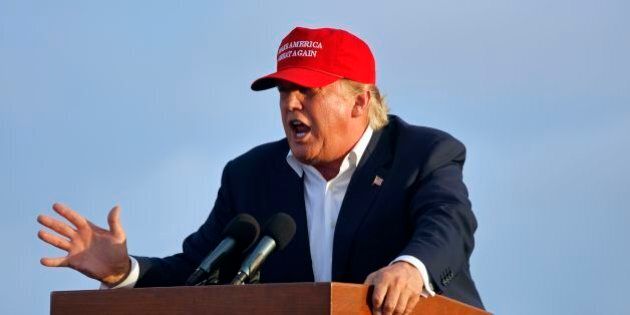 San Pedro, CA, September 15, 2015, Donald Trump, 2016 Republican Presidential Candidate, Speaks During A Rally Aboard The Battleship USS Iowa In San Pedro, Los Angeles, California While Wearing A Red Baseball Hat That Says Campaign Slogan 'Make America Great Again.'. (Photo by: Visions of America/UIG via Getty Images)