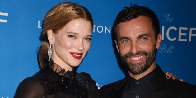 BEVERLY HILLS, CA - JANUARY 12: Actress Lea Seydoux (L) and fashion designer Nicolas GhesquiÃ¨re arrive at the 6th Biennial UNICEF Ball at the Beverly Wilshire Four Seasons Hotel on January 12, 2016 in Beverly Hills, California.(Photo by Jeffrey Mayer/WireImage)