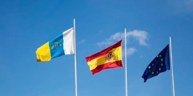 Flags of the European Union, Spain and Canary Islands flying at the airport, Lanzarote, Canary islands, Spain. (Photo by: Geography Photos/UIG via Getty Images)