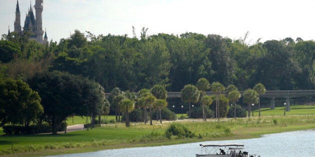 Orange County Sheriff's officers search the Seven Seas Lagoon between Walt Disney World's Magic Kingdom theme park, left, and the Grand Floridian Resort & Spa on Wednesday, June 15, 2016, in Lake Buena Vista, Fla., after a two-year-old toddler was dragged into the lake by an alligator. (AP Photo/Phelan M. Ebenhack)