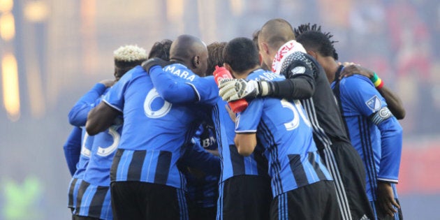 HARRISON, NEW JERSEY- November 06: The Montreal team embrace before the start of the New York Red Bulls Vs Montreal Impact MLS playoff match at Red Bull Arena, Harrison, New Jersey on November 06, 2016 in Harrison, New Jersey. (Photo by Tim Clayton/Corbis via Getty Images)