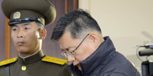 South Korea-born Canadian pastor Hyeon Soo Lim stands during his trial at a North Korean court in this undated photo released by North Korea's Korean Central News Agency (KCNA) in Pyongyang December 16, 2015. North Korea's highest court has sentenced the South Korea-born Canadian pastor to hard labor for life for subversion, China's official news agency Xinhua reported on Wednesday. Hyeon has been held by North Korea since February. He had appeared on North Korean state media earlier this year confessing to crimes against the state. REUTERS/KCNA ATTENTION EDITORS - THIS PICTURE WAS PROVIDED BY A THIRD PARTY. REUTERS IS UNABLE TO INDEPENDENTLY VERIFY THE AUTHENTICITY, CONTENT, LOCATION OR DATE OF THIS IMAGE. FOR EDITORIAL USE ONLY. NOT FOR SALE FOR MARKETING OR ADVERTISING CAMPAIGNS. THIS PICTURE IS DISTRIBUTED EXACTLY AS RECEIVED BY REUTERS, AS A SERVICE TO CLIENTS. NO THIRD PARTY SALES. SOUTH KOREA OUT. NO COMMERCIAL OR EDITORIAL SALES IN SOUTH KOREA