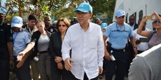 UN Secretary-General of the United Nations, Ban Ki-moon before boarding a helicopter at the end of your visit to a shelter in the Lycee Phillipe Guerrier in the city of Les Cayes, in the southwest of Haiti, on October 15, 2016. Haiti faces a humanitarian crisis that requires a 'massive response' from the international community, the United Nations chief said , with at least 1.4 million people needing emergency aid following last week's battering by Hurricane Matthew. / AFP / HECTOR RETAMAL (Photo credit should read HECTOR RETAMAL/AFP/Getty Images)