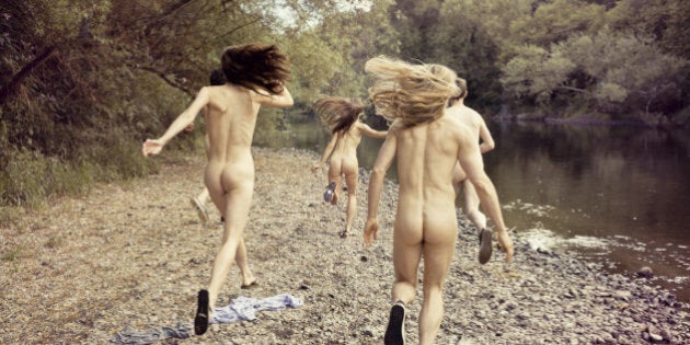 naked friends running into river 2