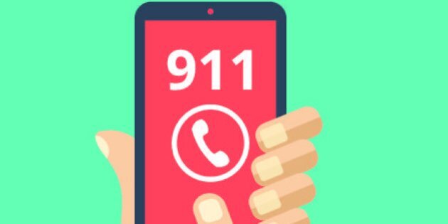 Call 911, emergency call concept. Hand holding smartphone, finger touching call button. Modern flat design vector illustration